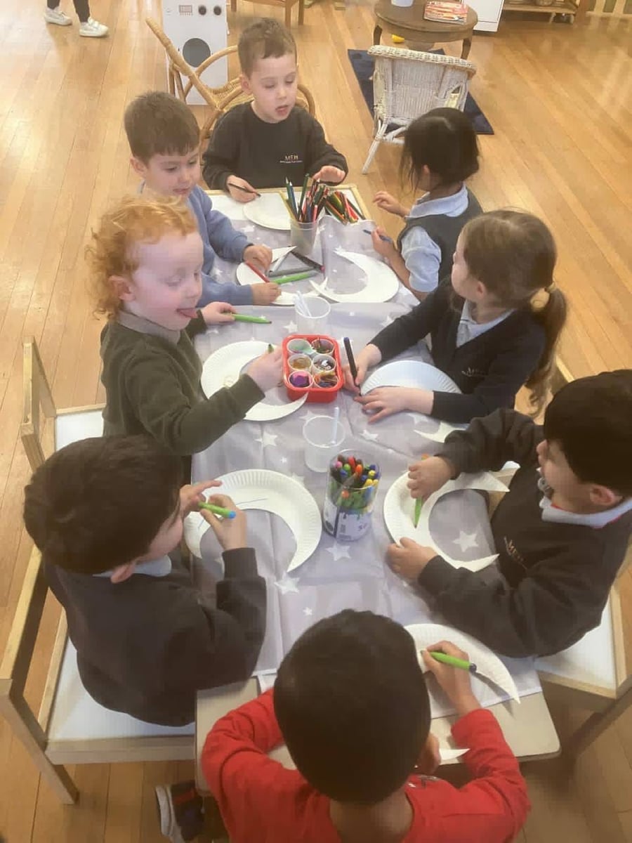 Preschool children creating moon plate art at ME Montessori — creative expression