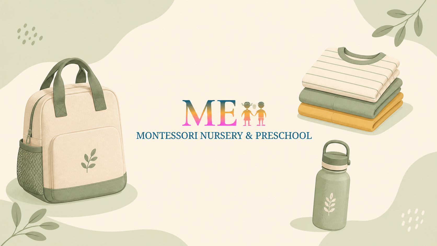 ME Montessori nursery first-day checklist with nursery bag, spare clothes and water bottle