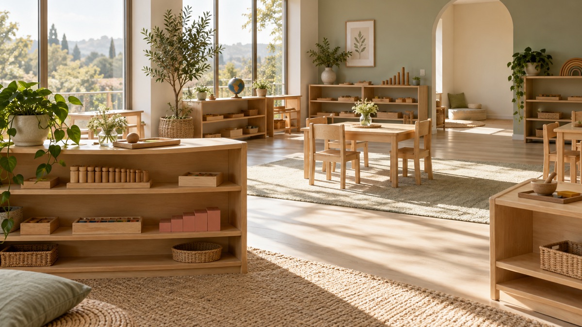 AI-generated illustration of an empty Montessori classroom with wooden learning materials and natural daylight