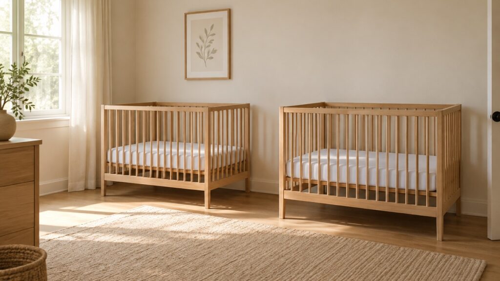AI-generated illustration of a calm empty sleep room with clear wooden cots and fitted mattress sheets